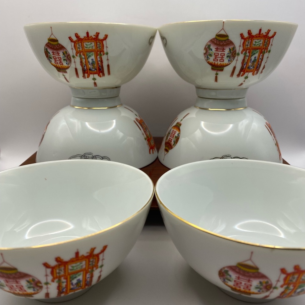 6 hand painted rice bowls. Made in Taiwan ROC red lantern w/ gold trim.